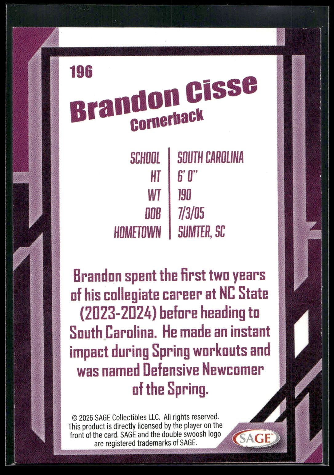 2026 SAGE #196 Brandon Cisse Black