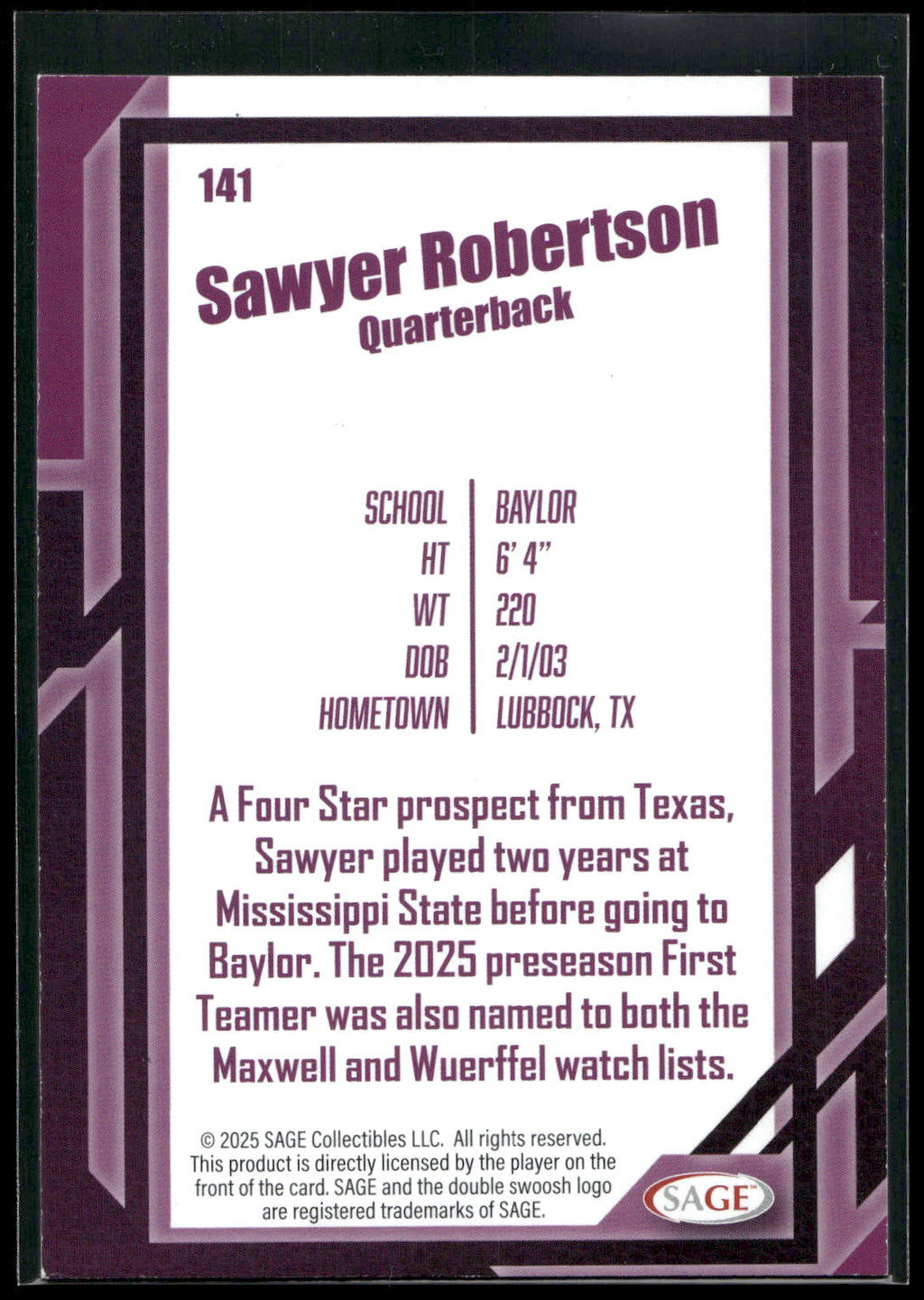 2026 SAGE #141 Sawyer Robertson Black