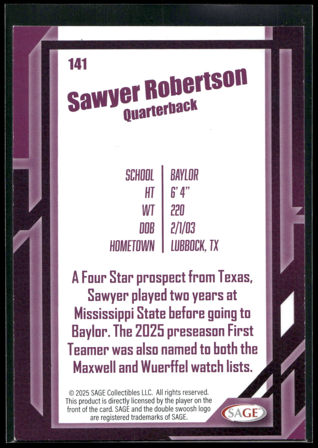 2026 SAGE #141 Sawyer Robertson Black