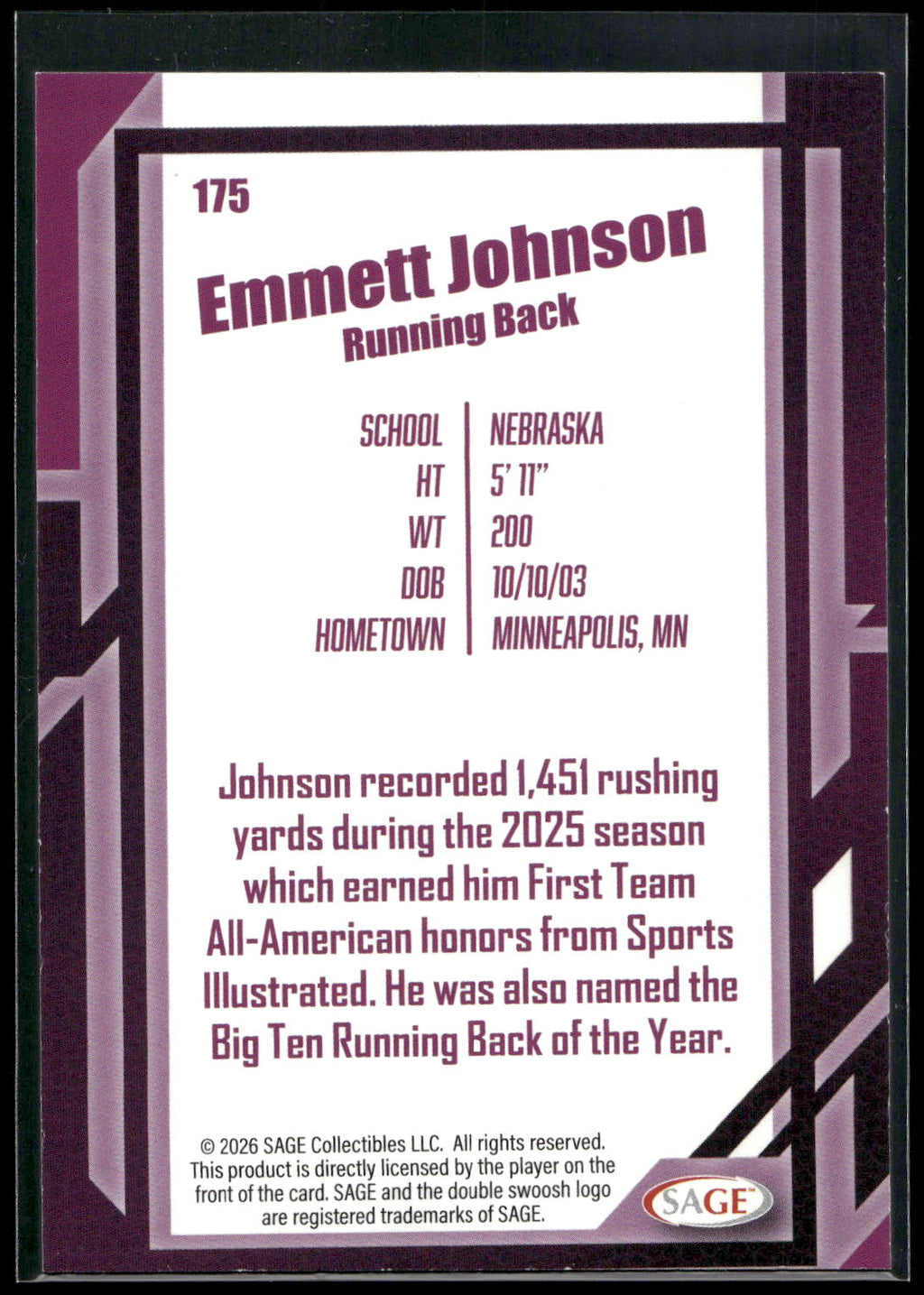 2026 SAGE #175 Emmett Johnson Black