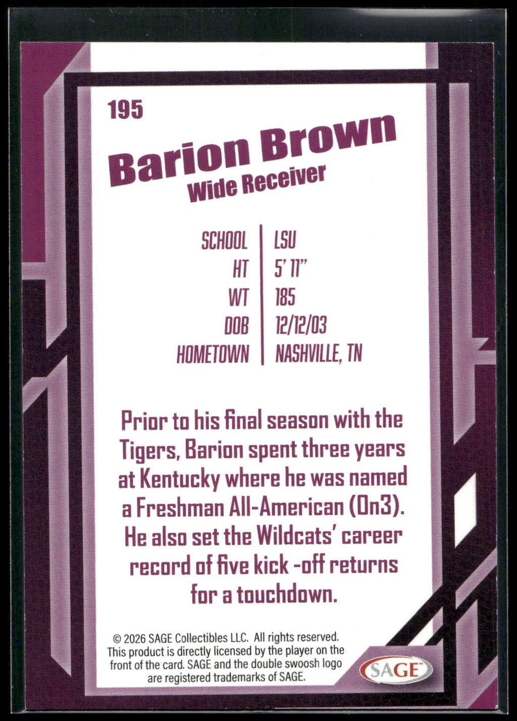 2026 SAGE #195 Barion Brown Black