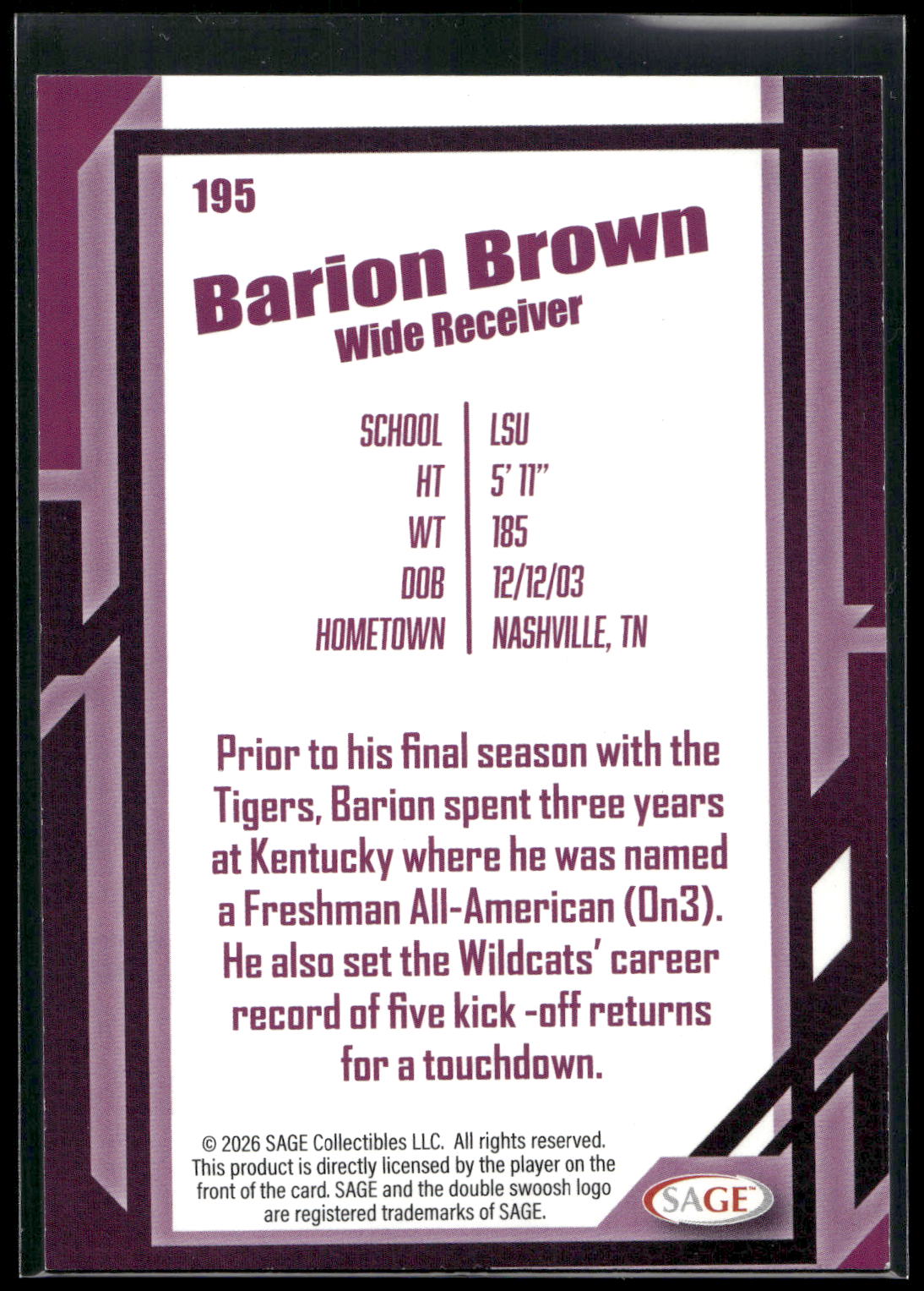 2026 SAGE #195 Barion Brown Black