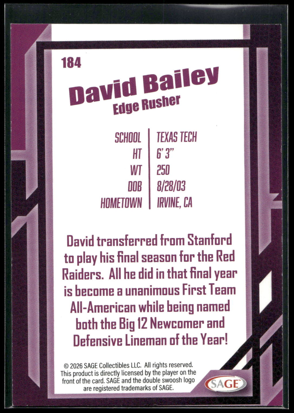 2026 SAGE #184 David Bailey Black