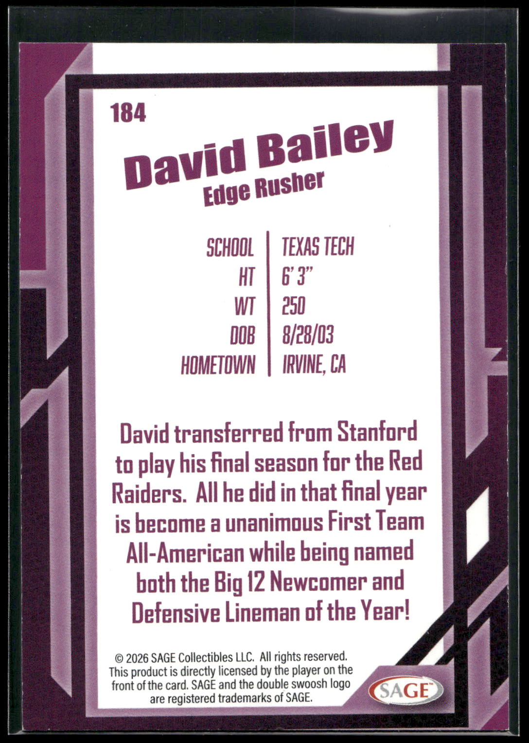 2026 SAGE #184 David Bailey Black