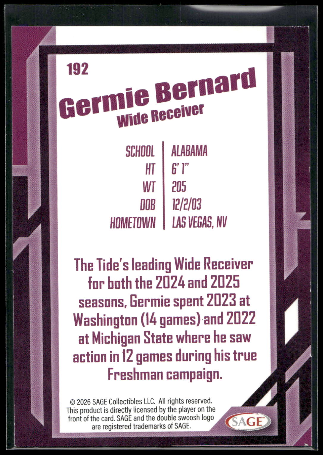 2026 SAGE #192 Germie Bernard Black