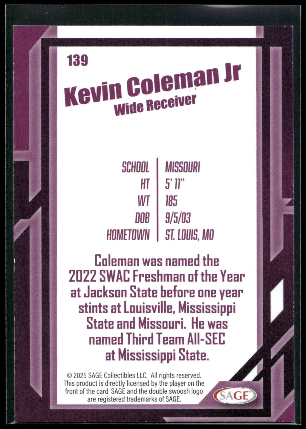 2026 SAGE #139 Kevin Coleman Jr. Black