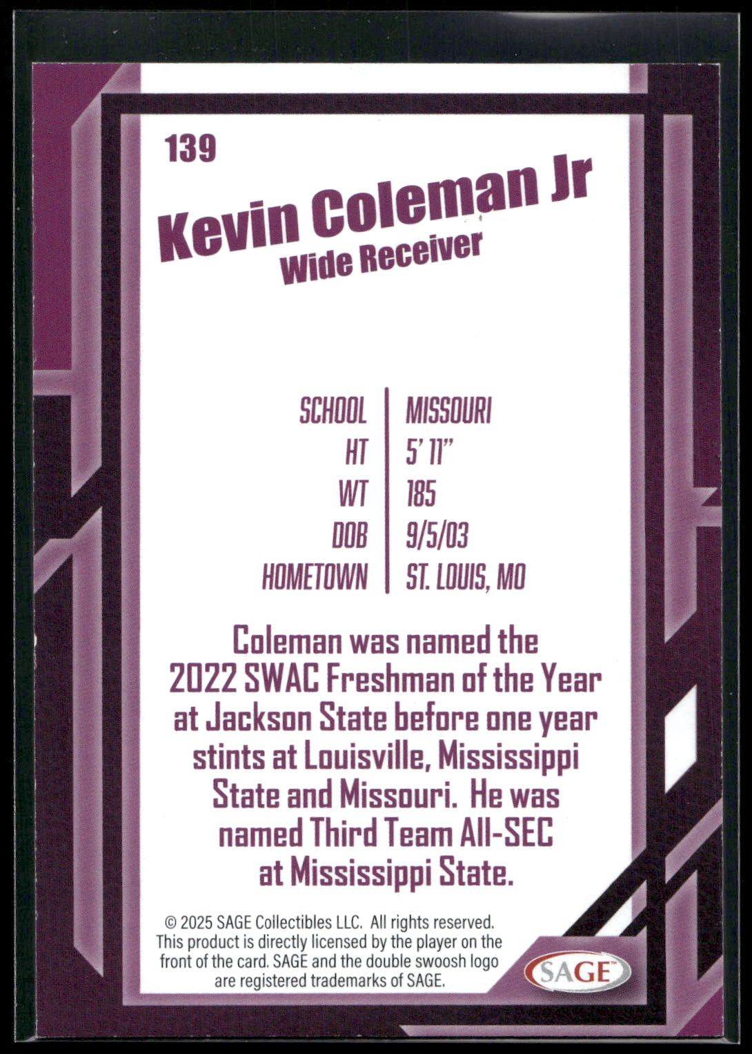 2026 SAGE #139 Kevin Coleman Jr. Black