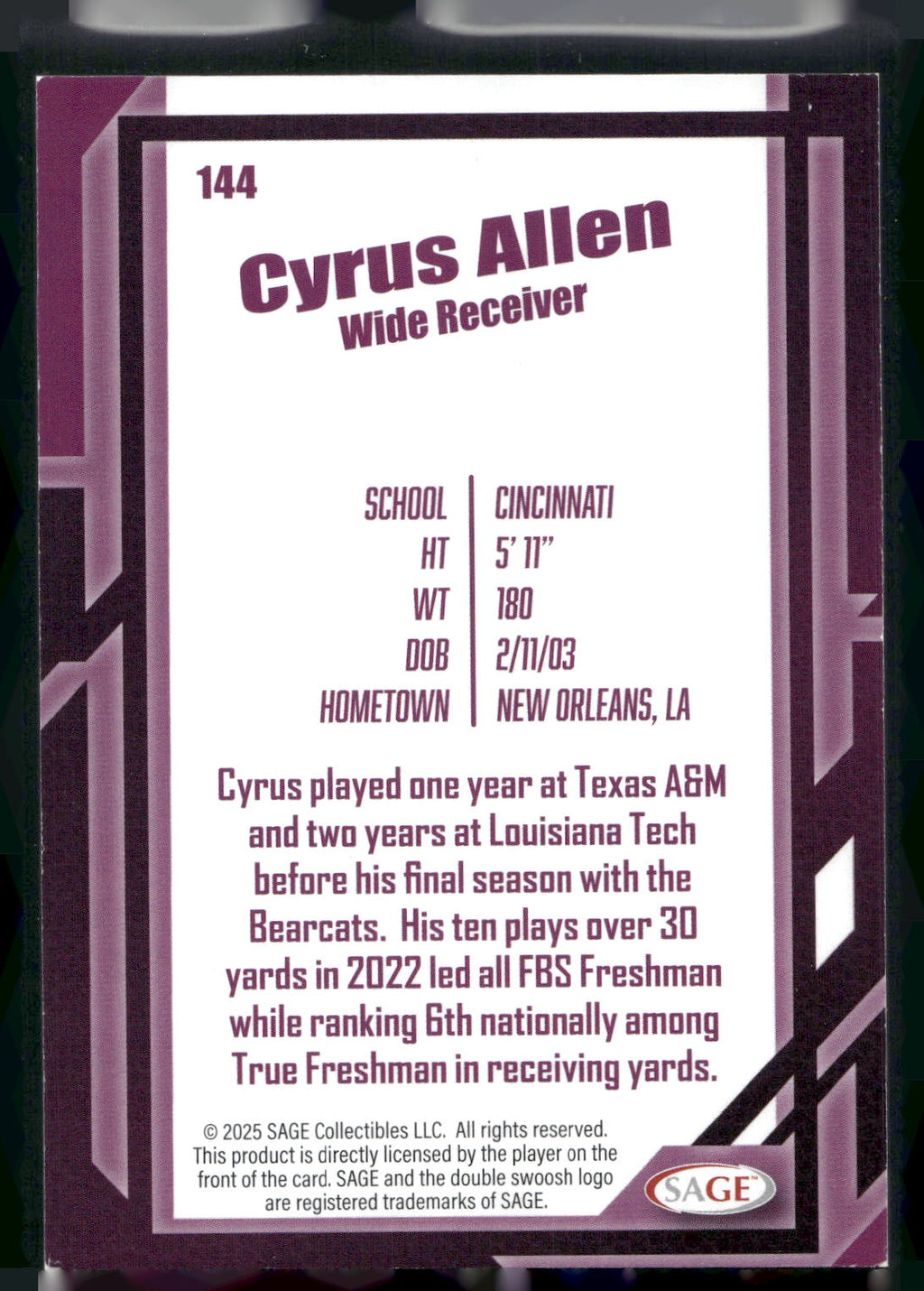 2026 SAGE #144 Cyrus Allen Black