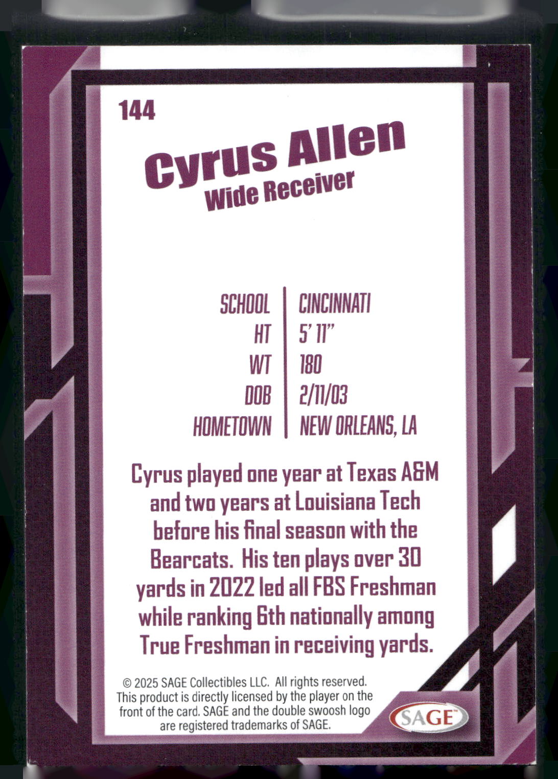 2026 SAGE #144 Cyrus Allen Black