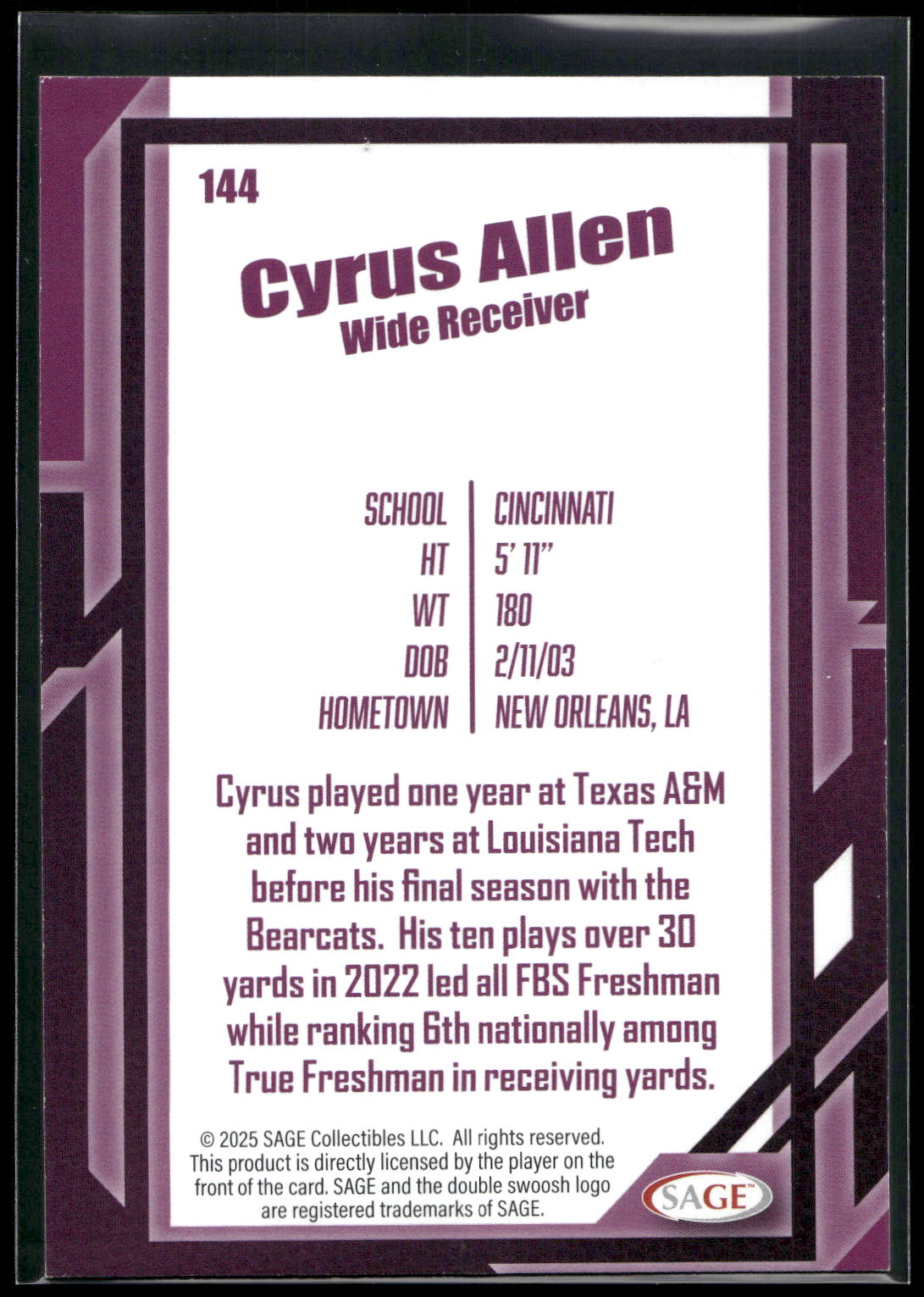 2026 SAGE #144 Cyrus Allen Black
