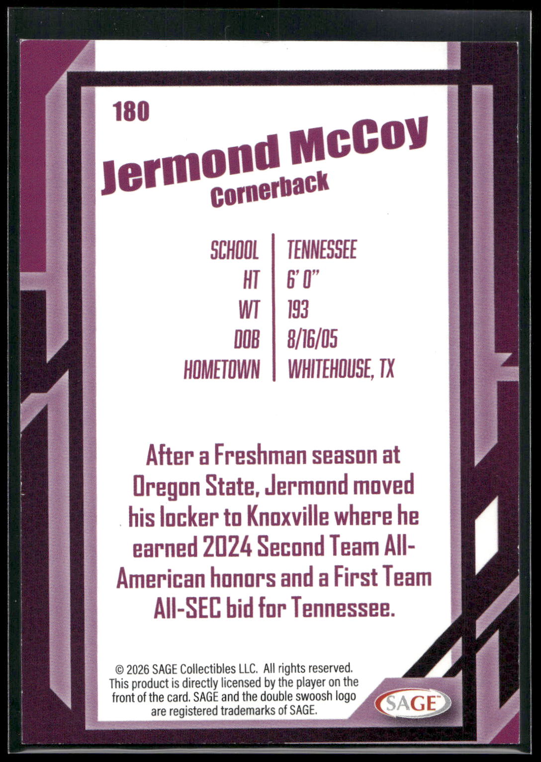 2026 SAGE #180 Jermod McCoy Black