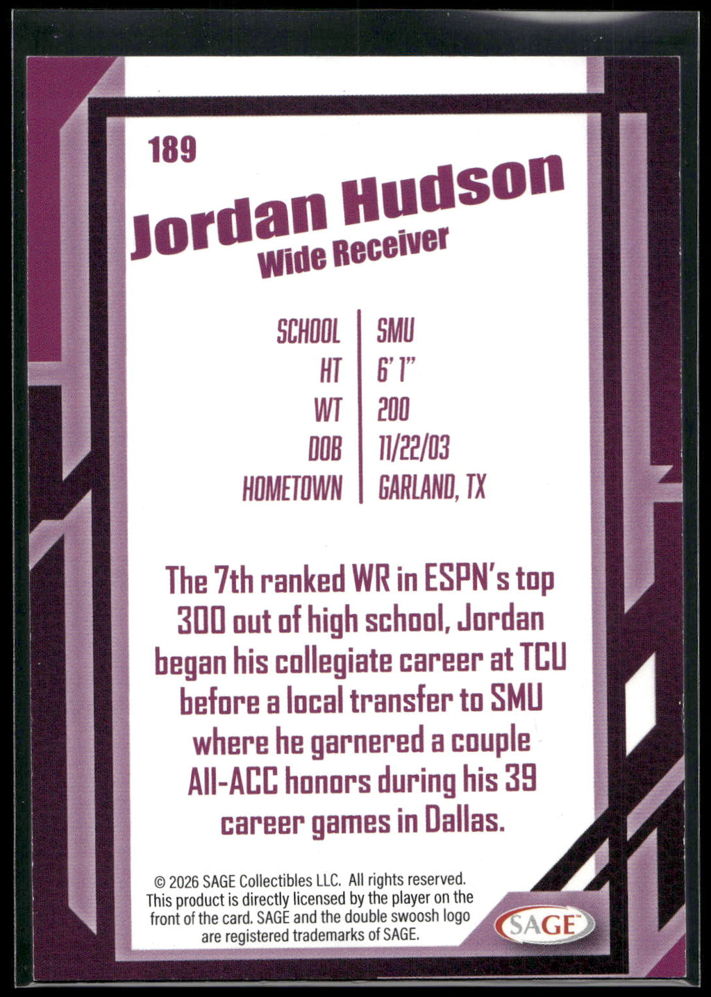 2026 SAGE #189 Jordan Hudson Black