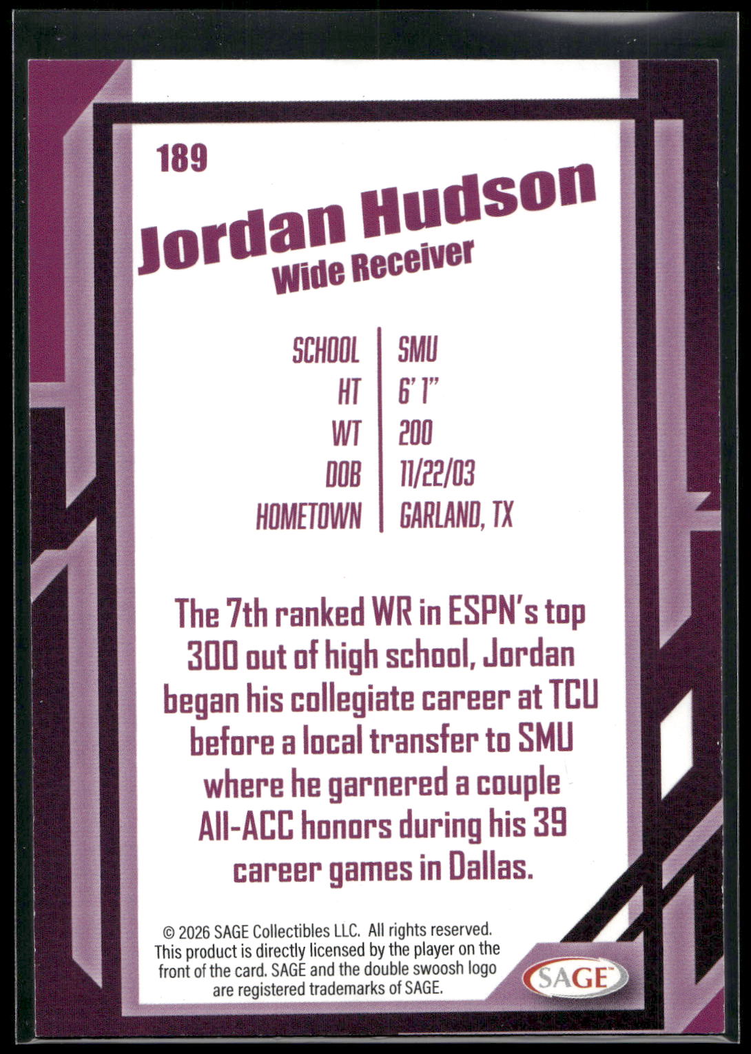 2026 SAGE #189 Jordan Hudson Black