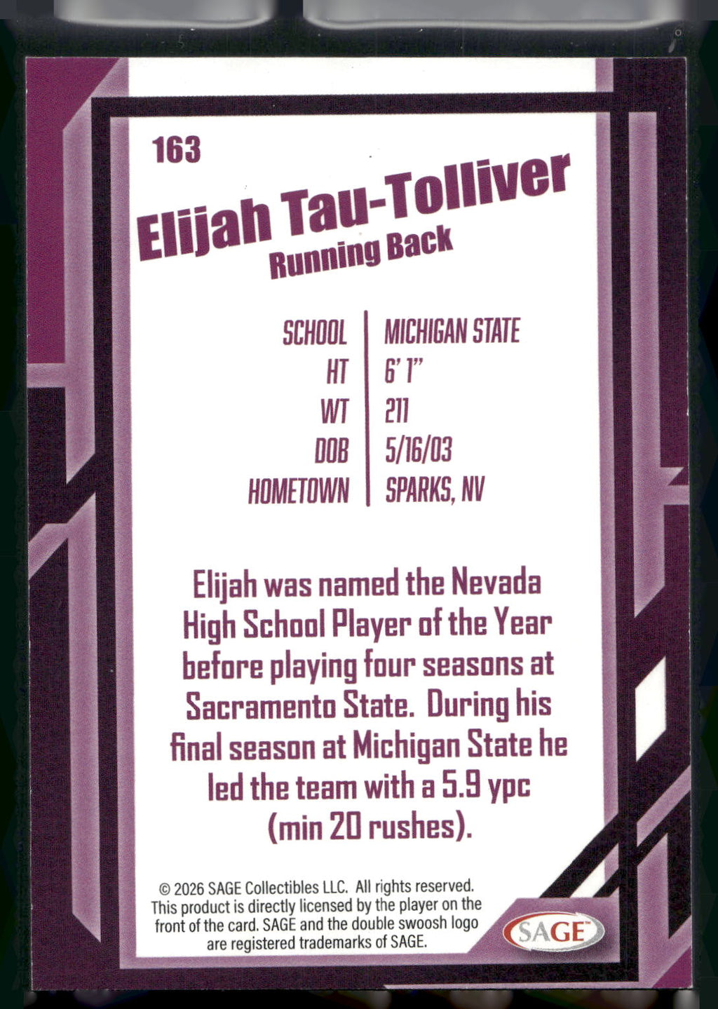2026 SAGE #163 Elijah Tau-Tolliver Black