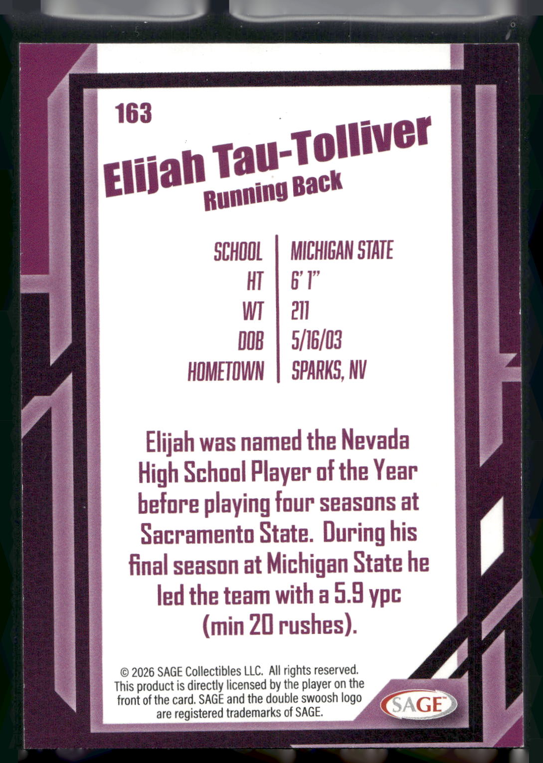 2026 SAGE #163 Elijah Tau-Tolliver Black