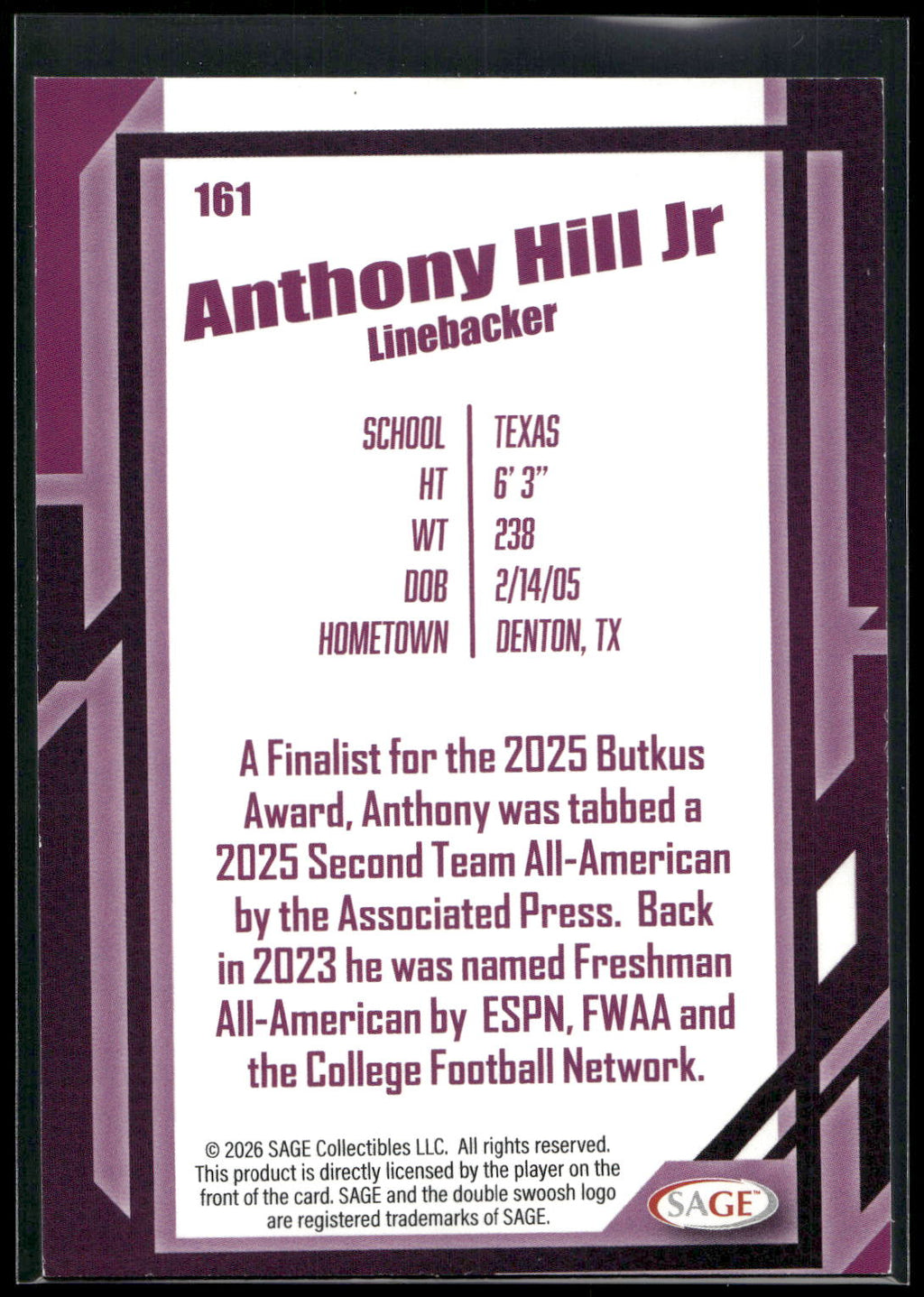 2026 SAGE #161 Anthony Hill Jr. Black