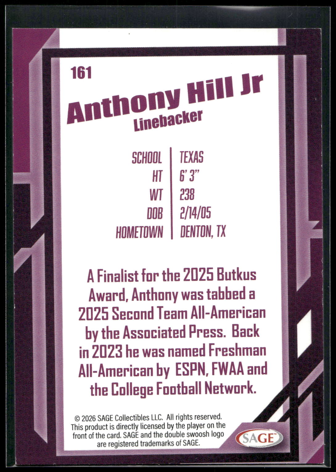 2026 SAGE #161 Anthony Hill Jr. Black