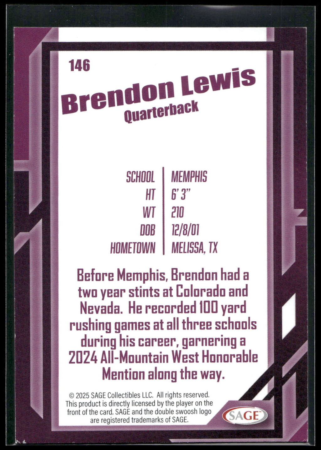 2026 SAGE #146 Brendon Lewis Black