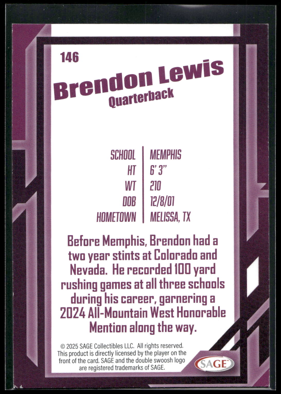 2026 SAGE #146 Brendon Lewis Black