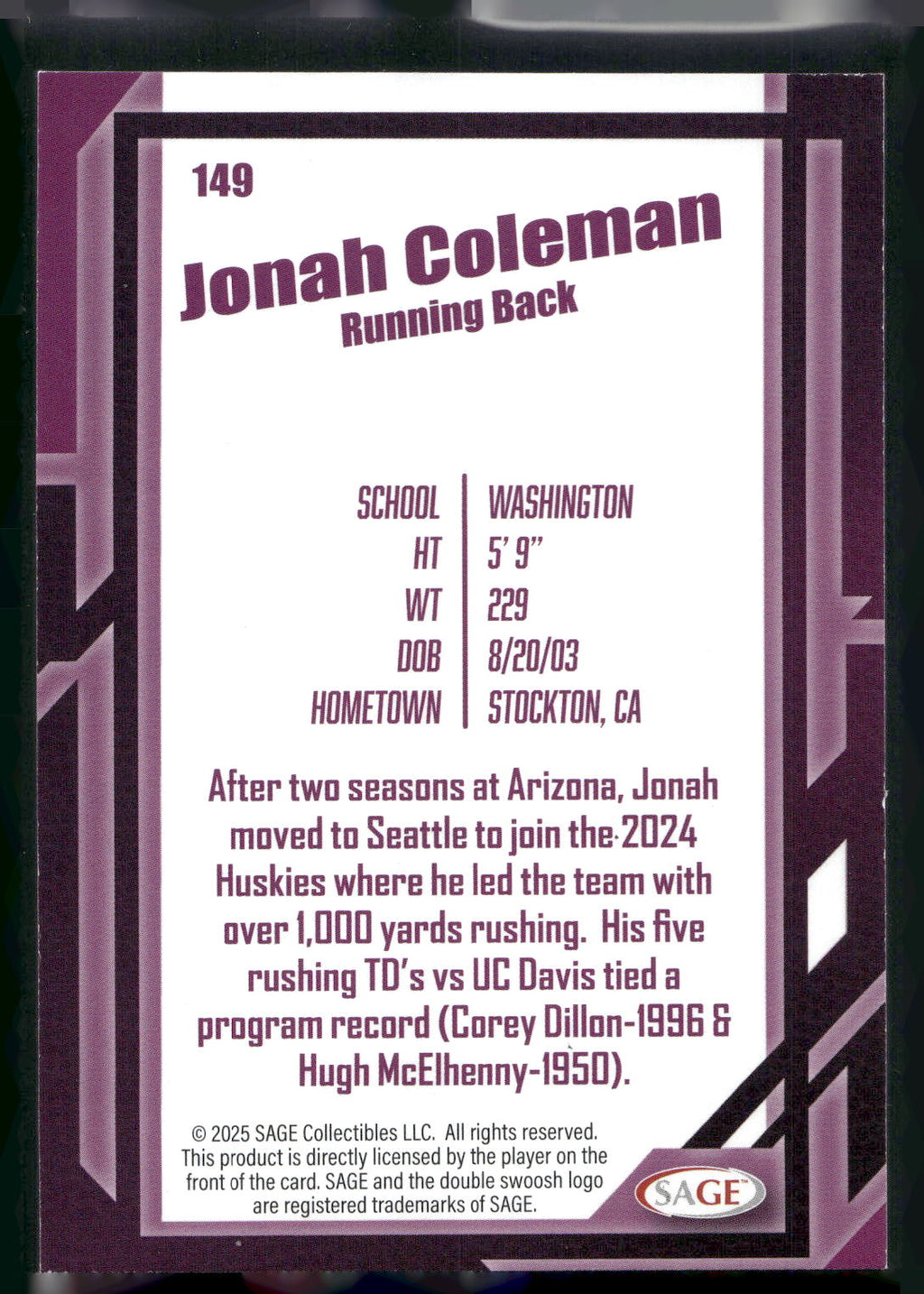 2026 SAGE #149 Jonah Coleman Black