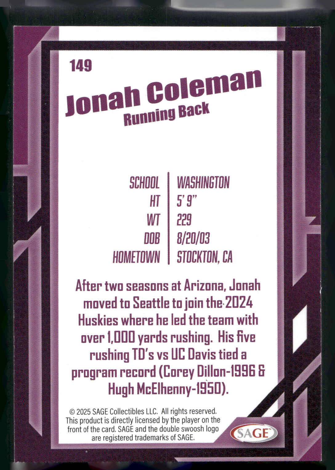 2026 SAGE #149 Jonah Coleman Black