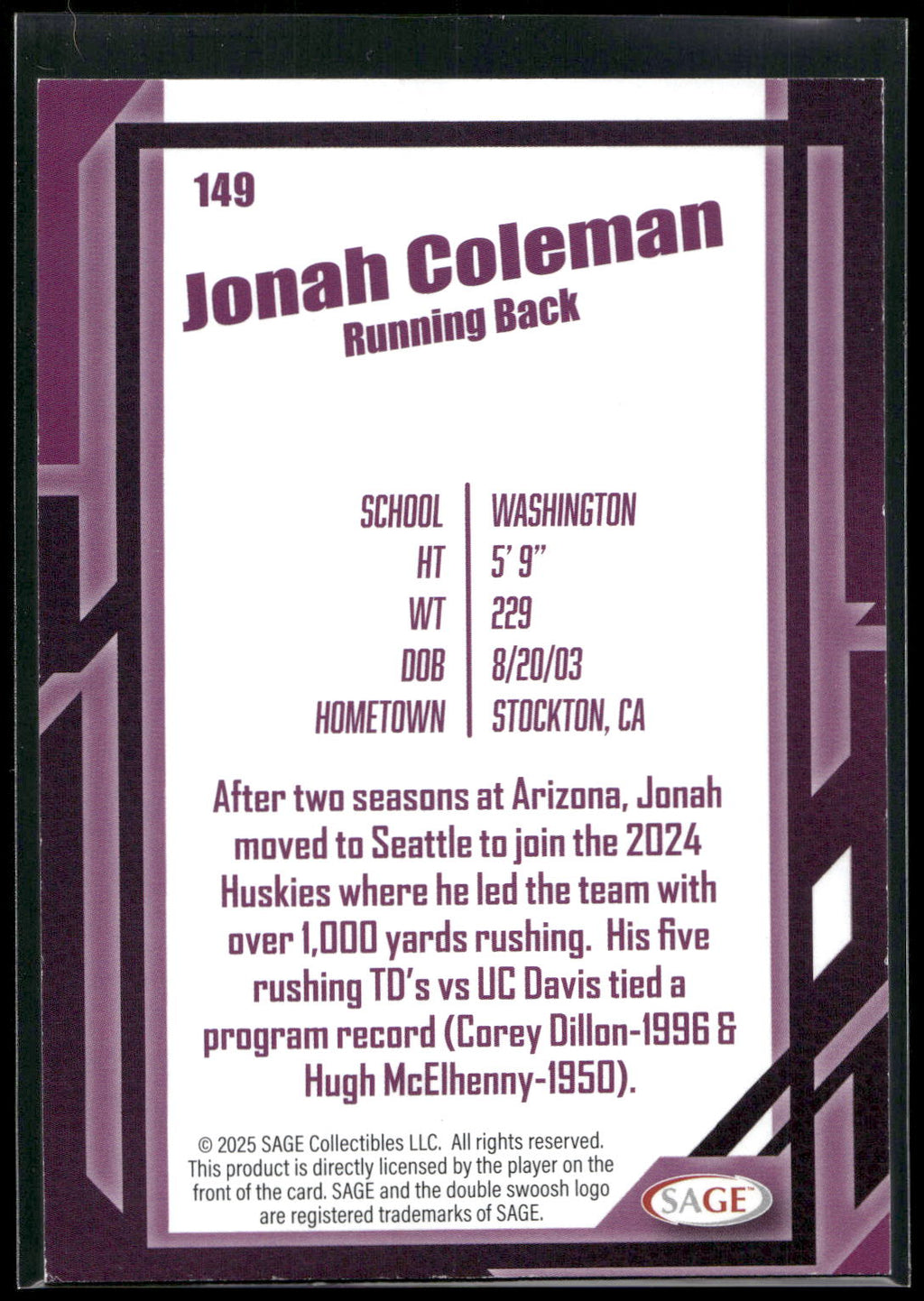 2026 SAGE #149 Jonah Coleman Black
