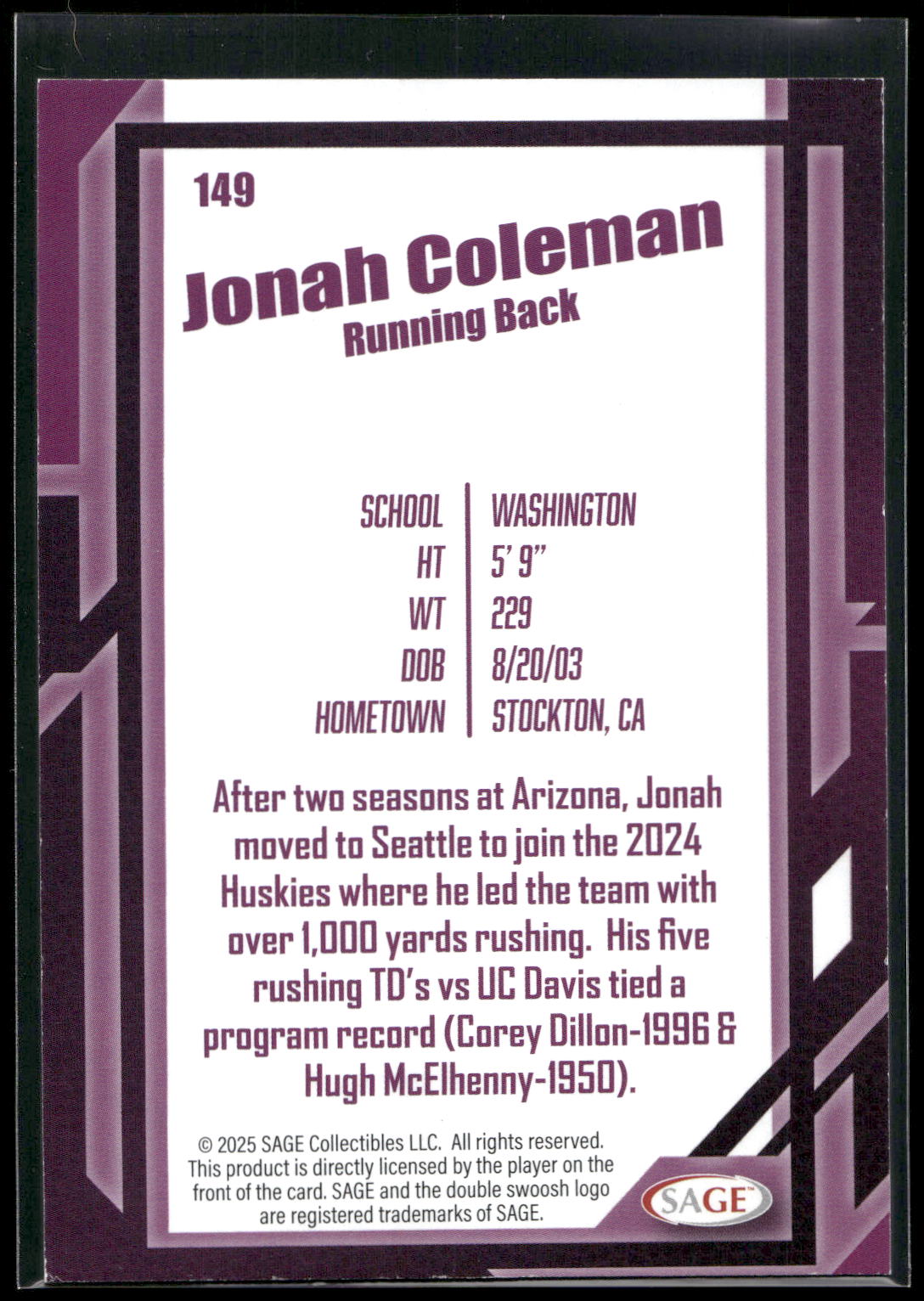 2026 SAGE #149 Jonah Coleman Black