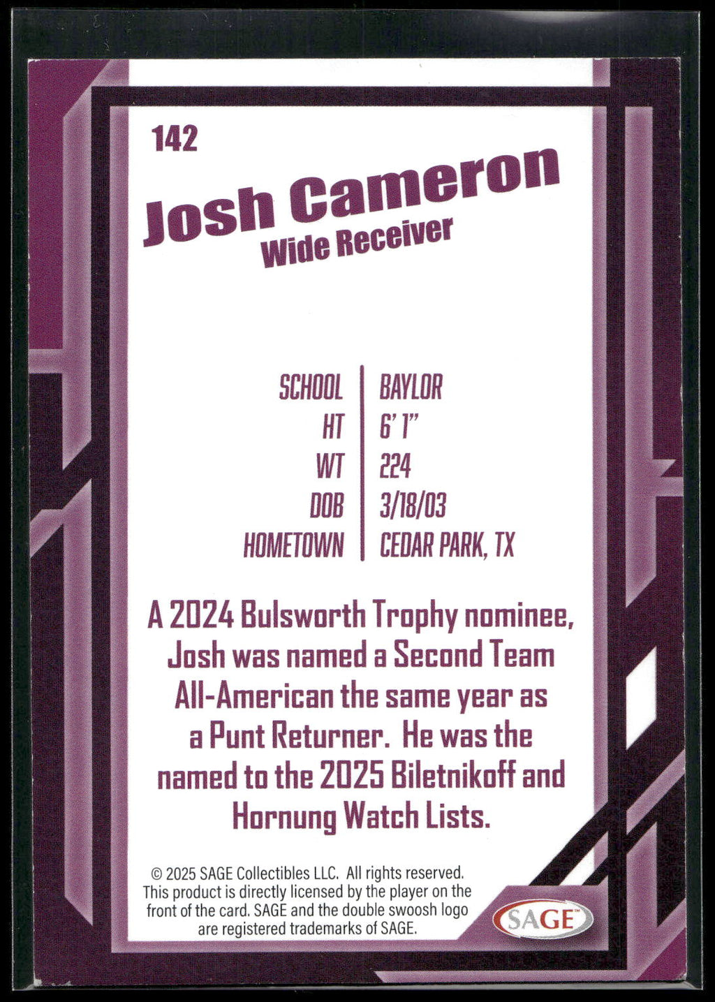 2026 SAGE #142 Josh Cameron Black
