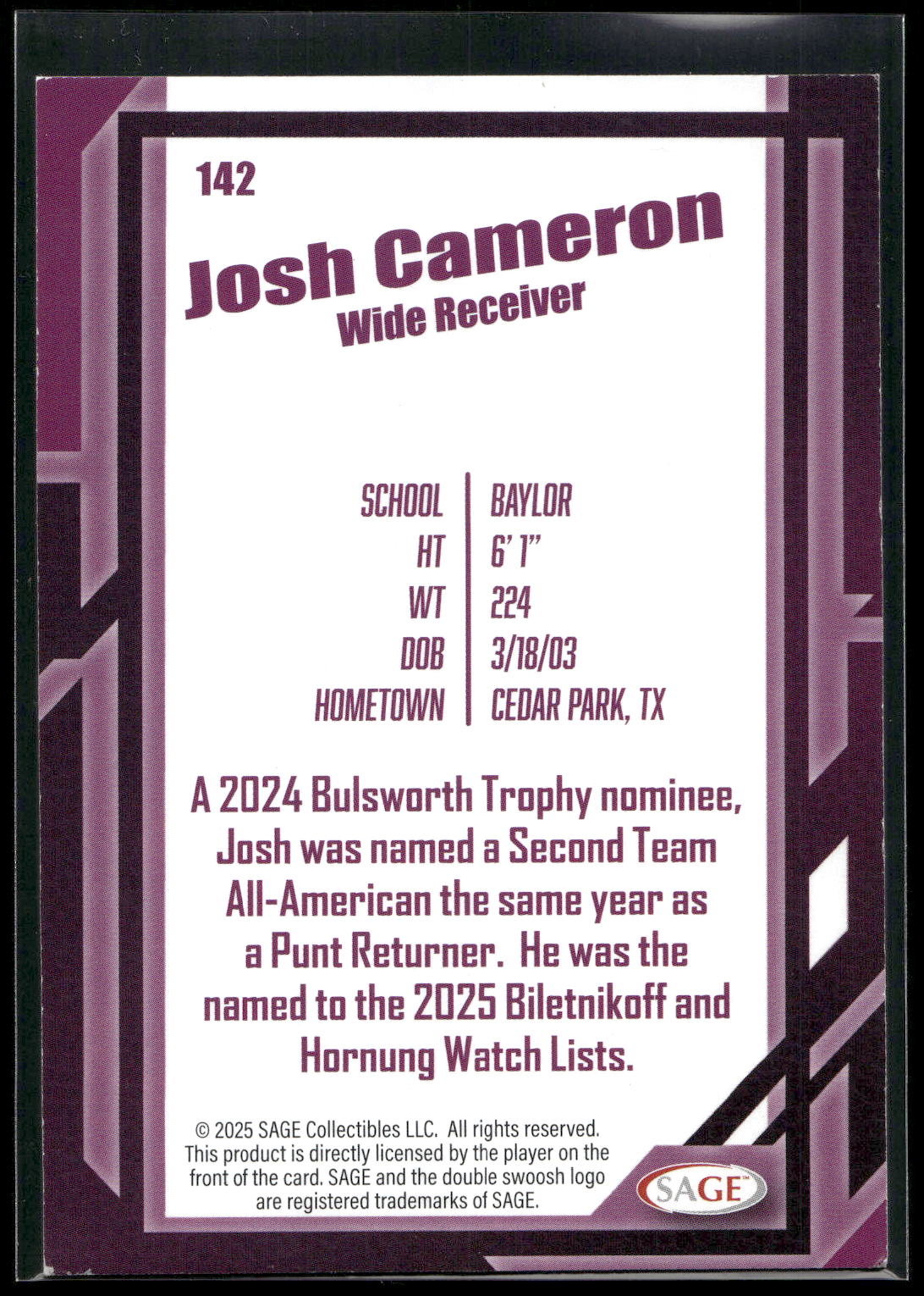 2026 SAGE #142 Josh Cameron Black