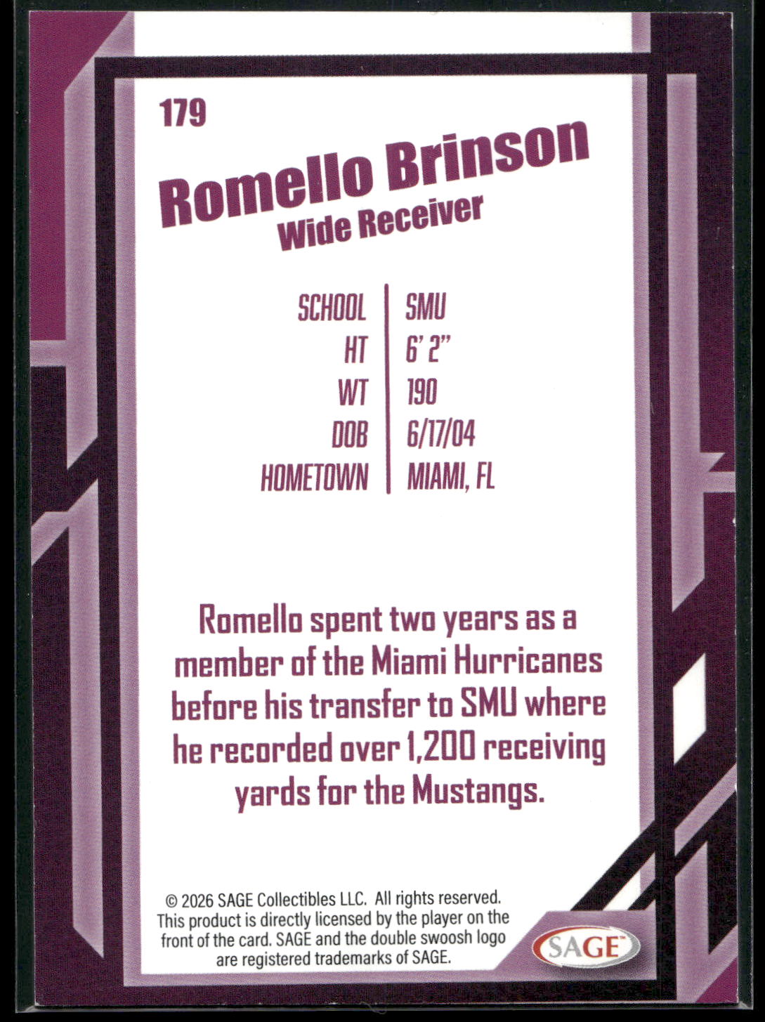 2026 SAGE #179 Romello Brinson Black