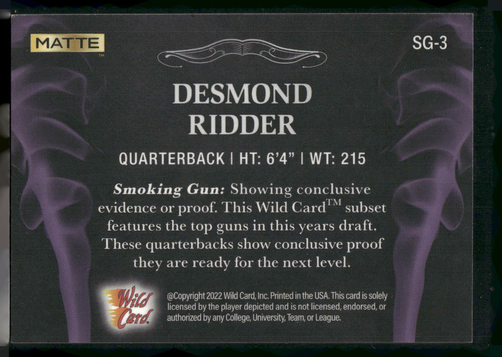 2022 Wild Card Matte #SG-3 Desmond Ridder Smoking Guns Black/Purple