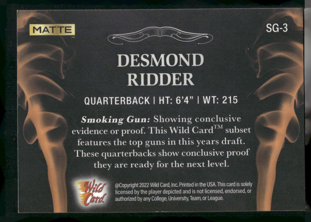2022 Wild Card Matte #SG-3 Desmond Ridder Smoking Guns Black/Orange