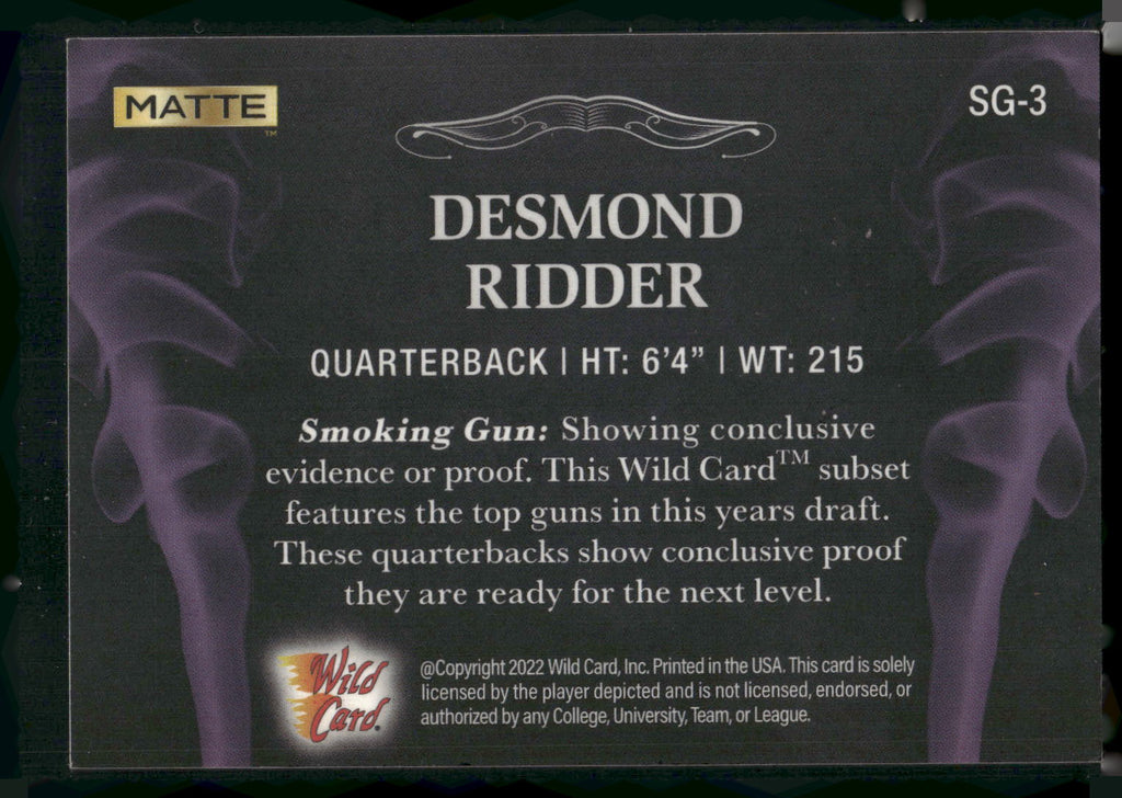 2022 Wild Card Matte #SG-3 Desmond Ridder Smoking Guns Black/Purple