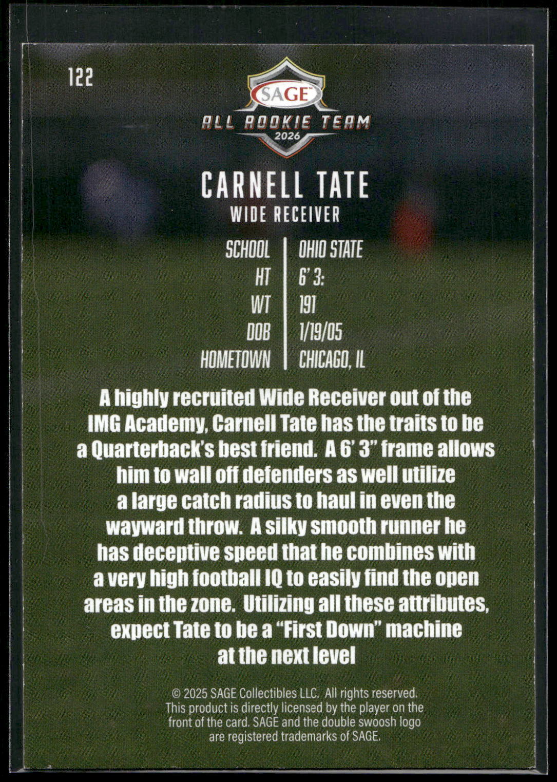 2026 SAGE #122 Carnell Tate