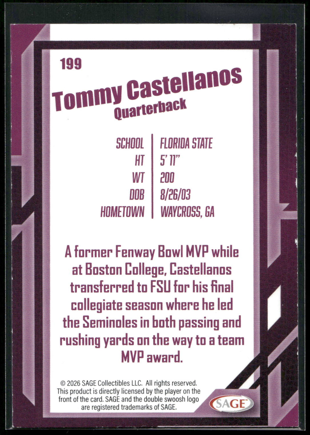 2026 SAGE #199 Tommy Castellanos Silver