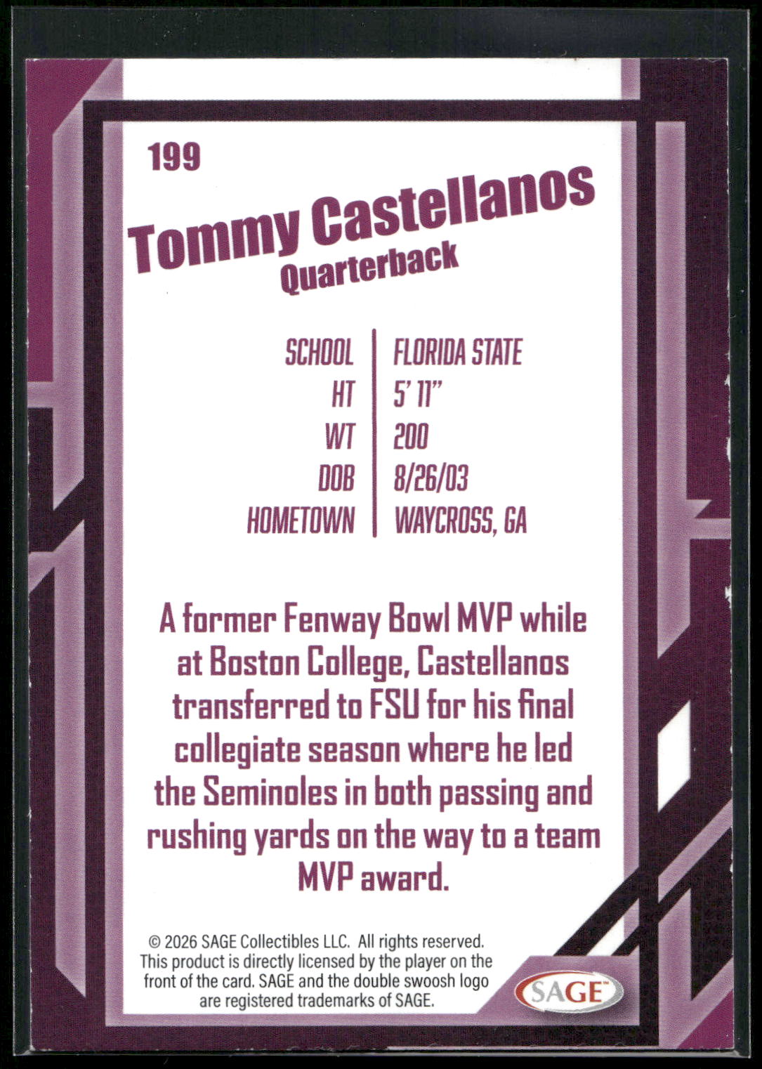 2026 SAGE #199 Tommy Castellanos Silver