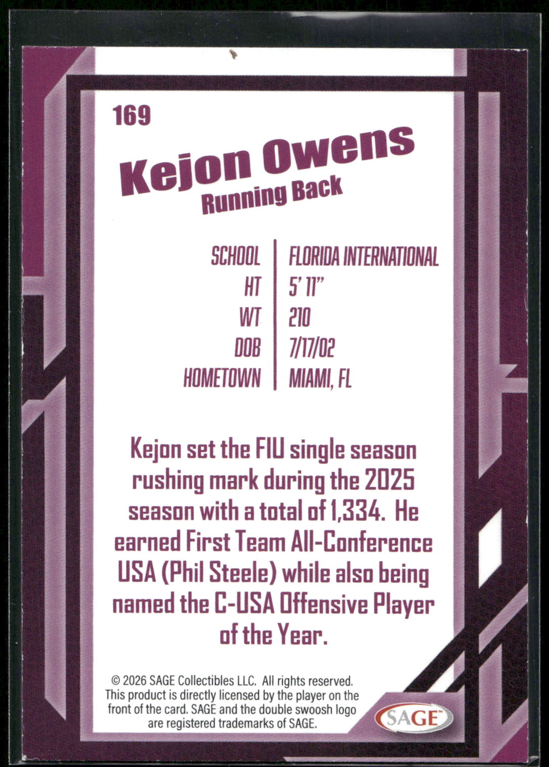 2026 SAGE #169 Kejon Owens Silver