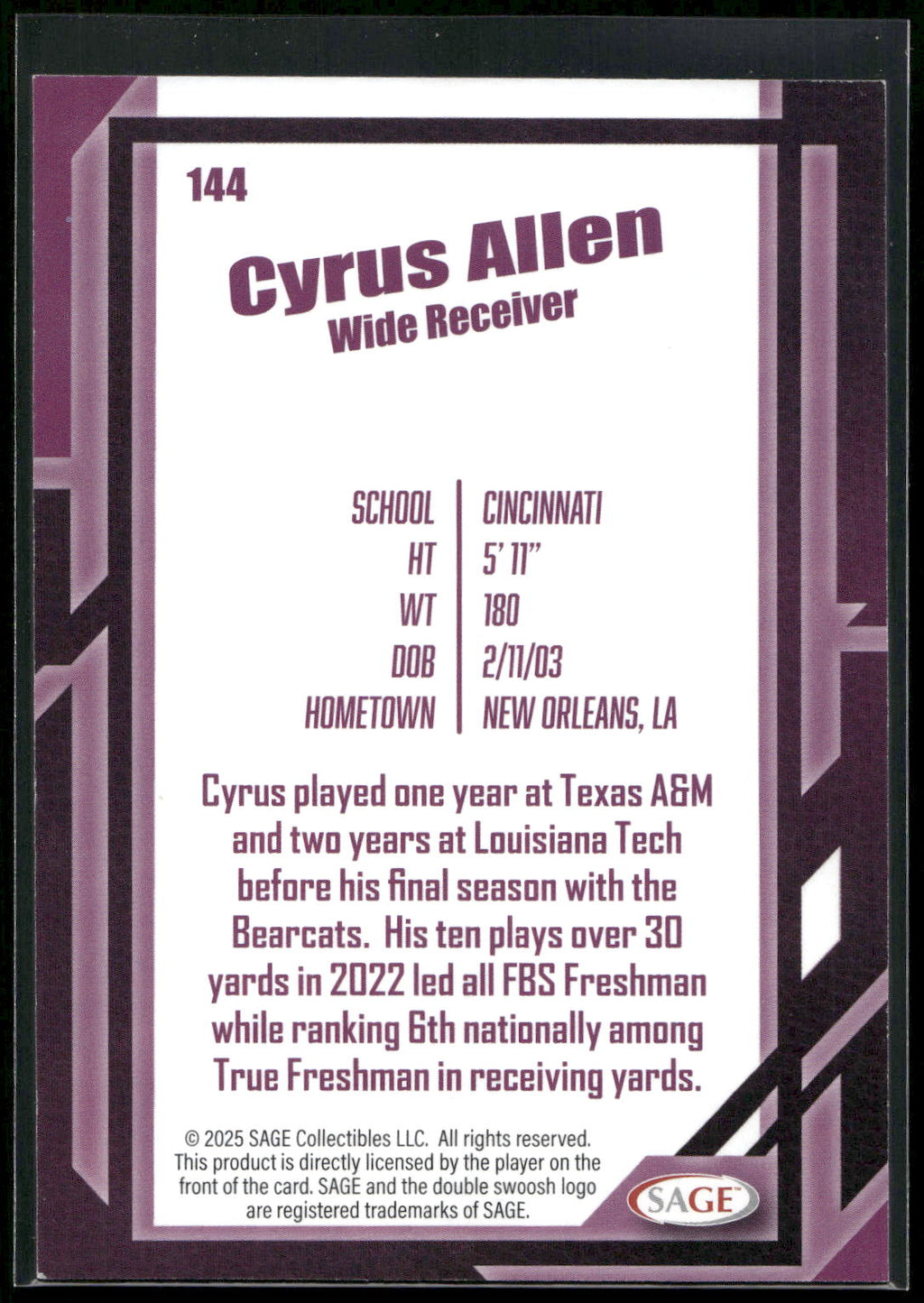 2026 SAGE #144 Cyrus Allen Silver