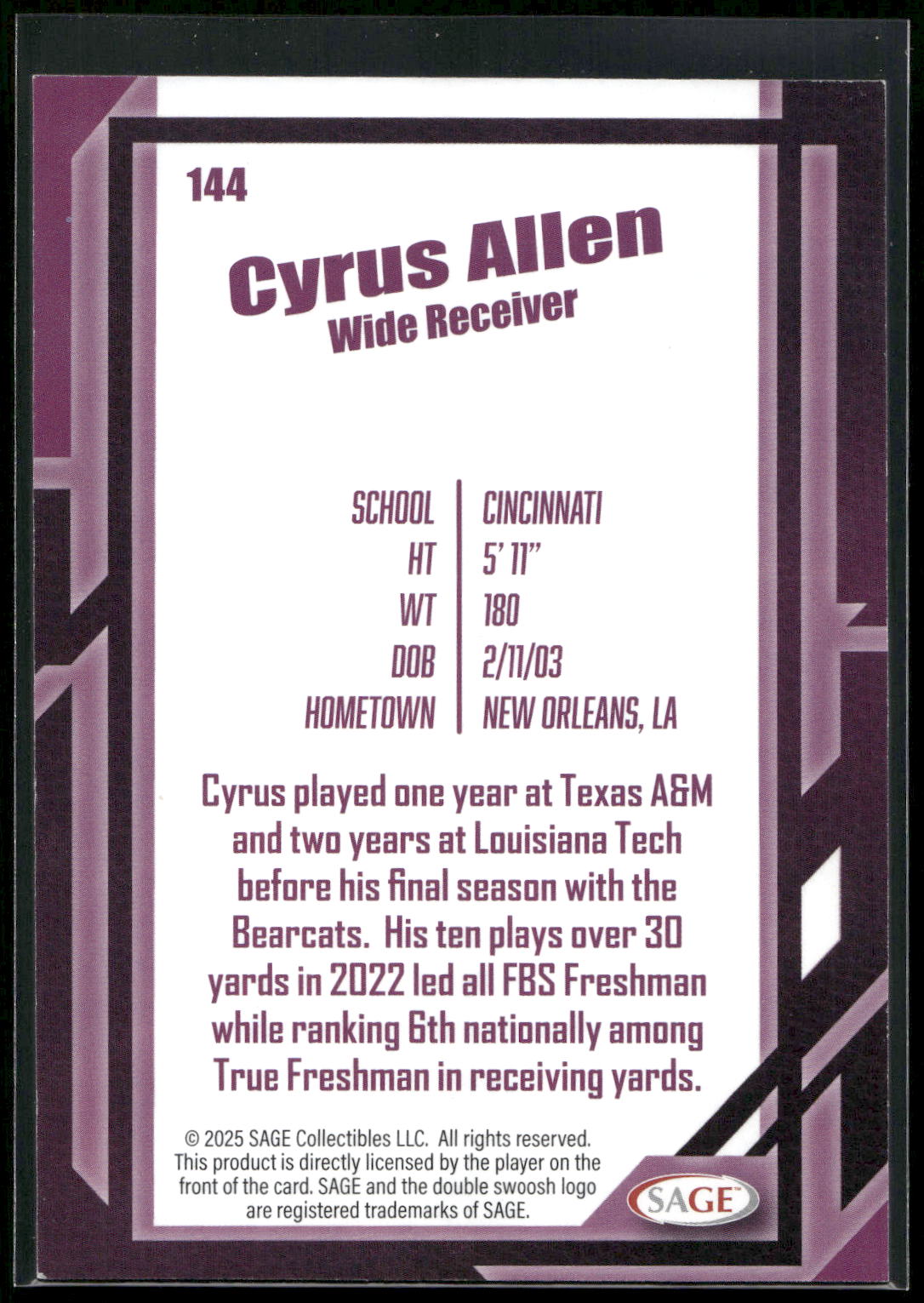 2026 SAGE #144 Cyrus Allen Silver