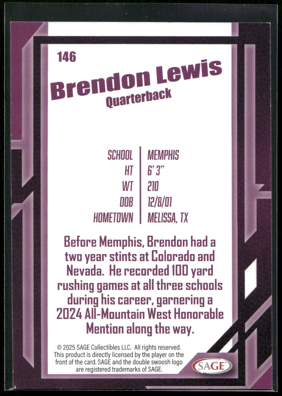 2026 SAGE #146 Brendon Lewis Silver
