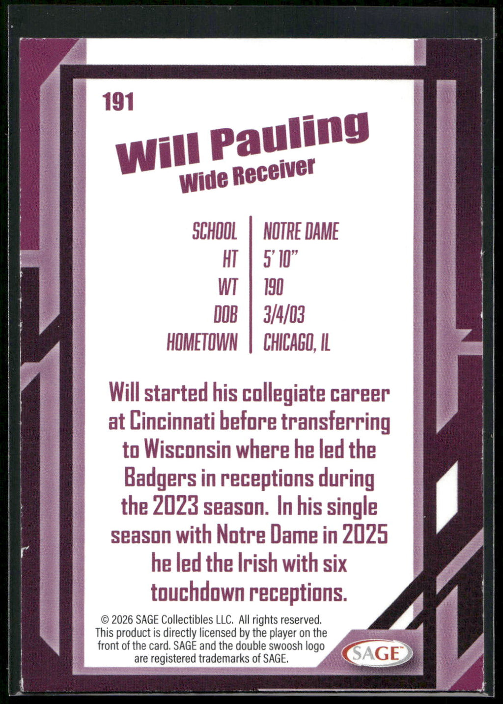 2026 SAGE #191 Will Pauling Silver