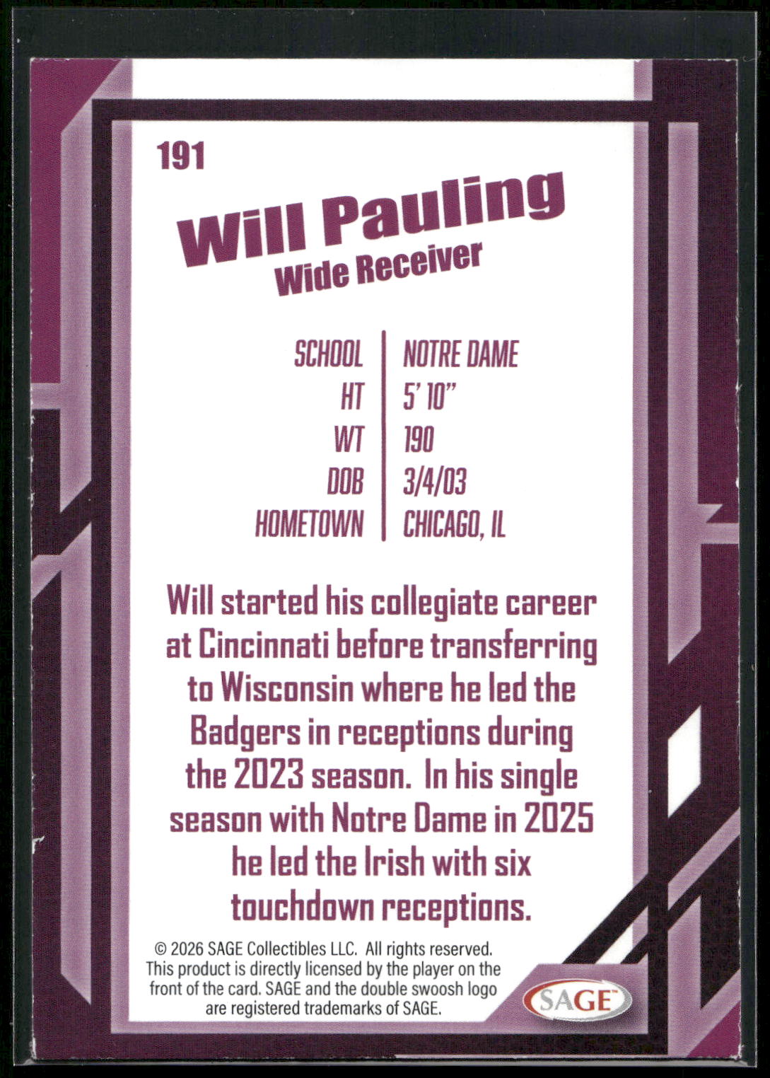 2026 SAGE #191 Will Pauling Silver