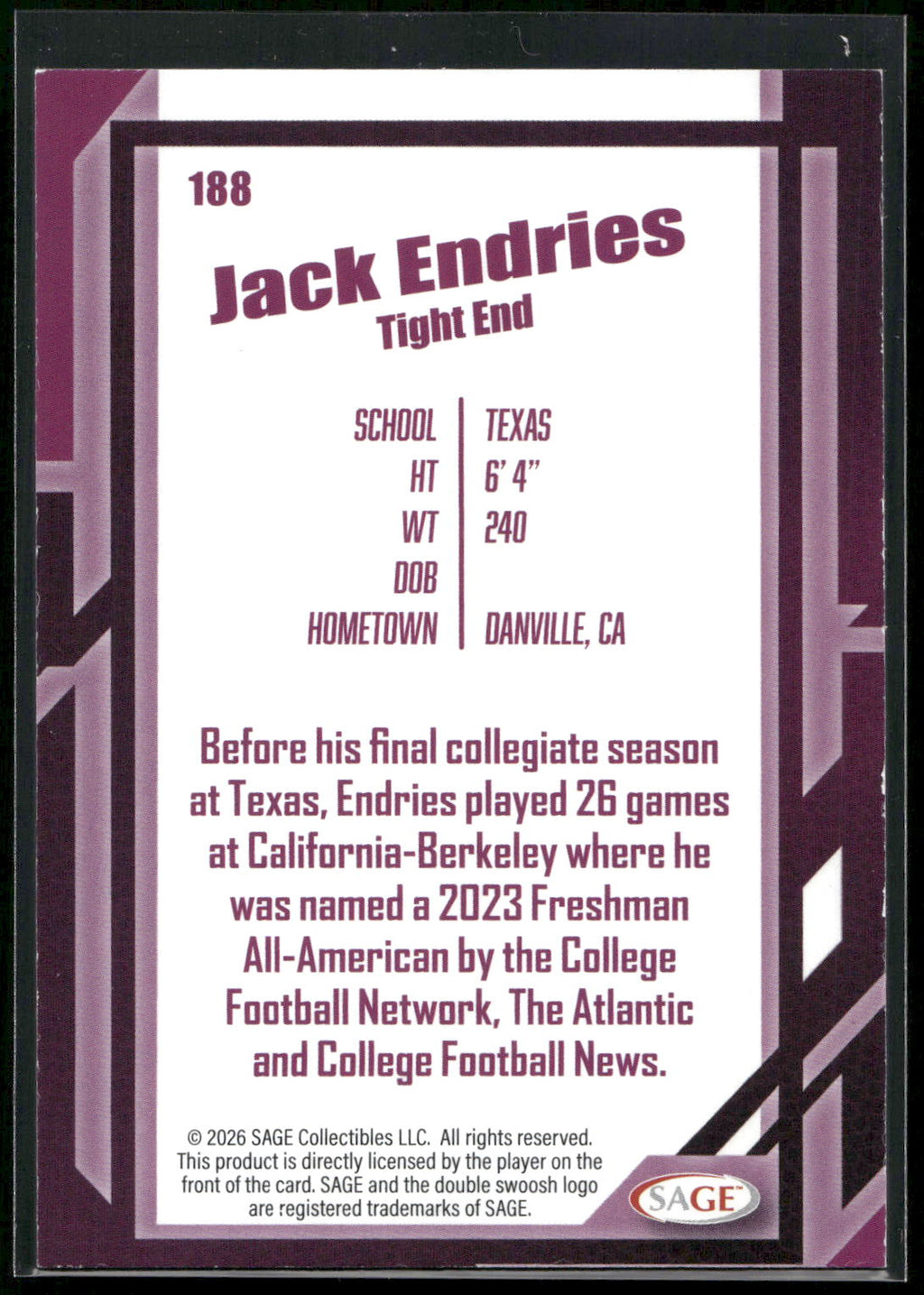 2026 SAGE #188 Jack Endries Silver