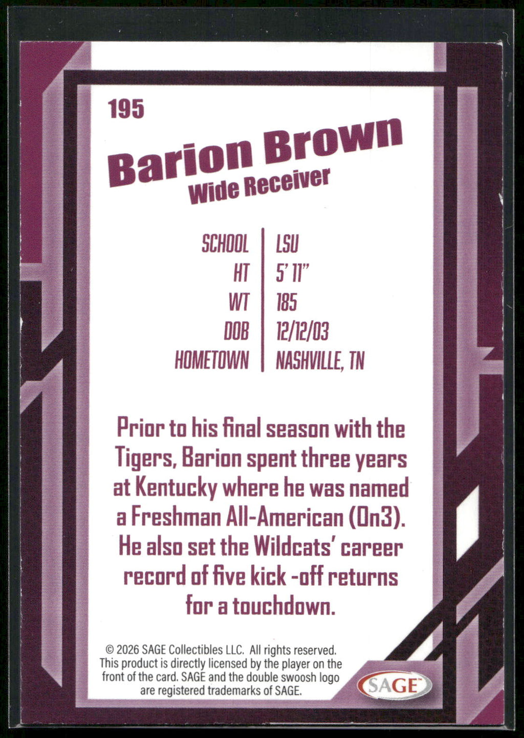 2026 SAGE #195 Barion Brown Silver