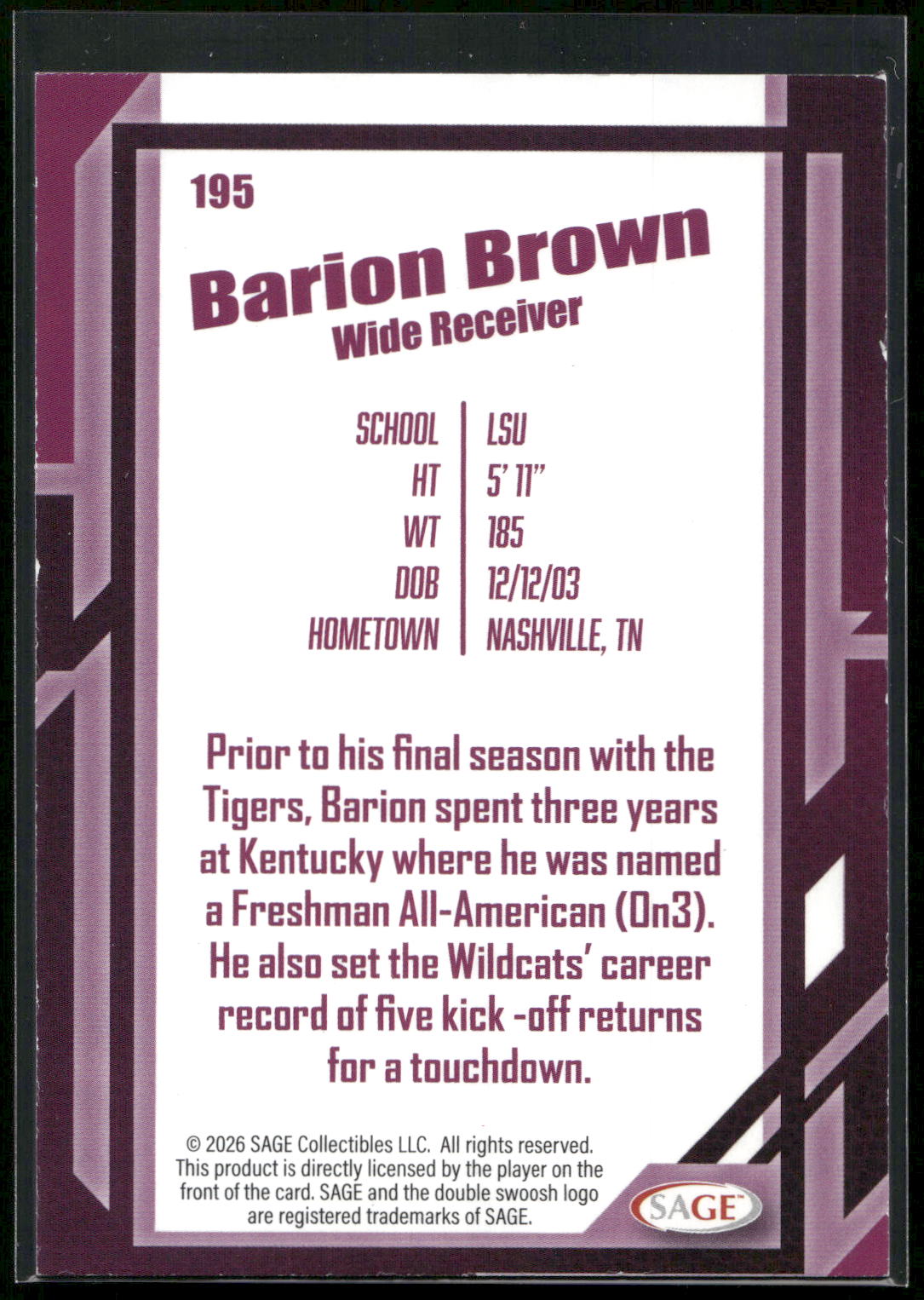 2026 SAGE #195 Barion Brown Silver