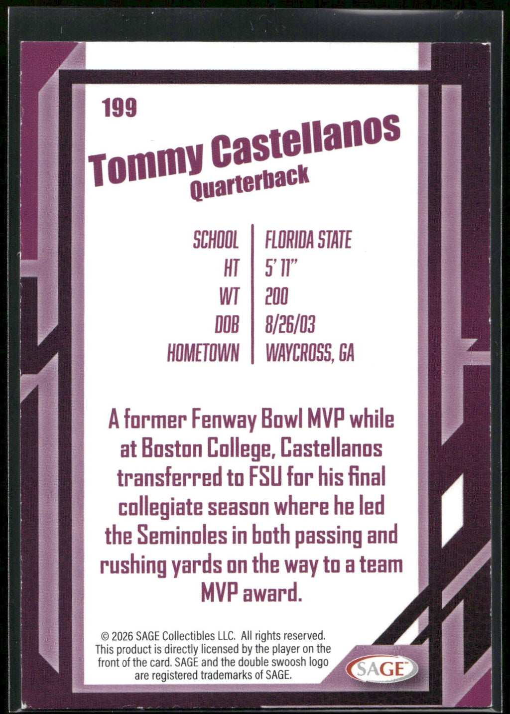 2026 SAGE #199 Tommy Castellanos Silver