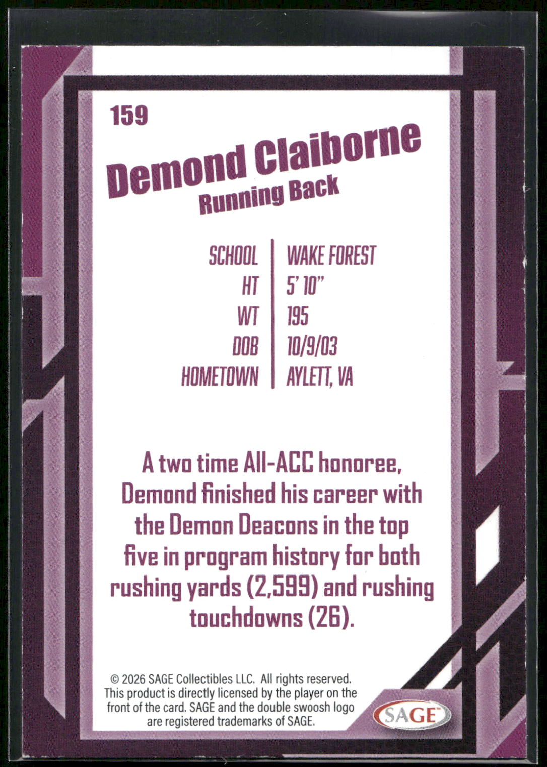 2026 SAGE #159 Demond Claiborne Silver