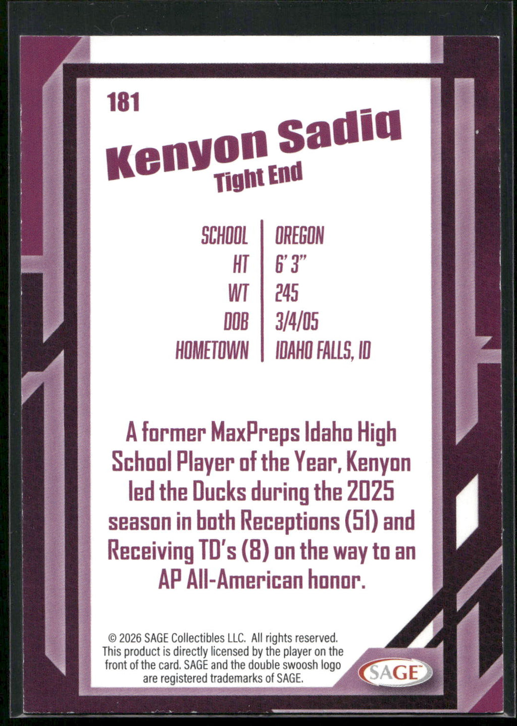 2026 SAGE #181 Kenyon Sadiq Silver