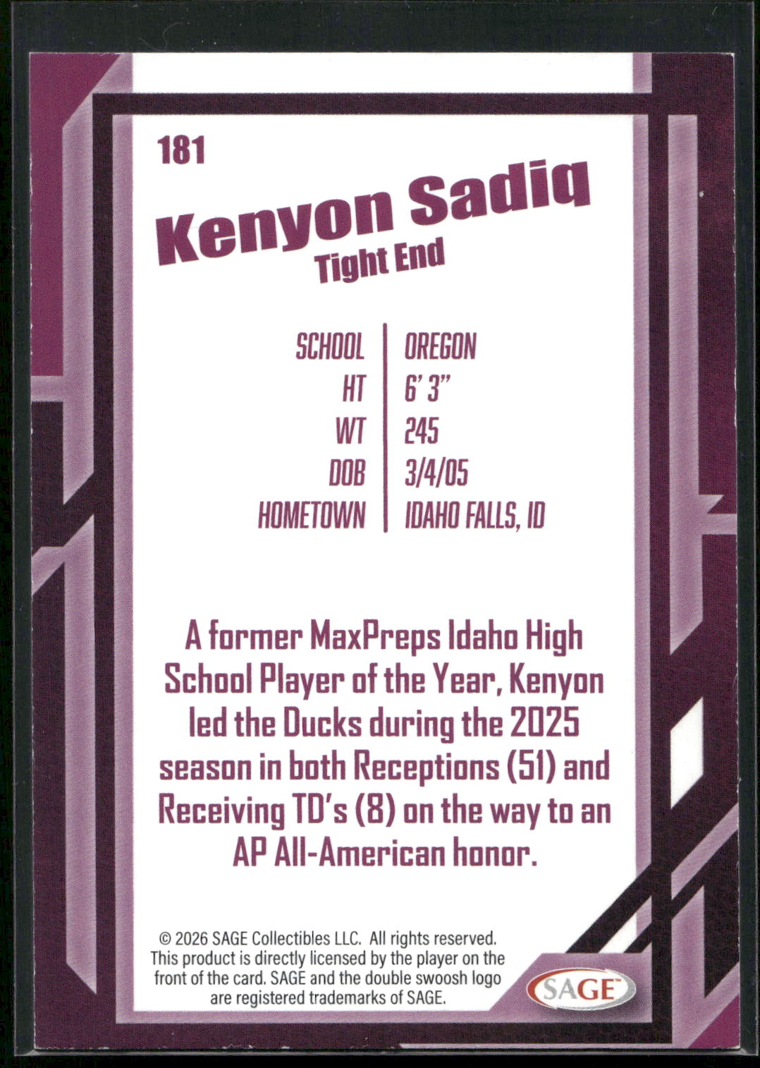 2026 SAGE #181 Kenyon Sadiq Silver
