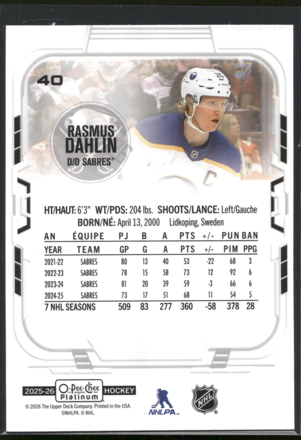2025-26 O-Pee-Chee Platinum #40 Rasmus Dahlin